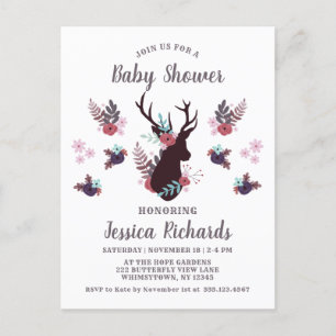 Rustic Hjort Head Mauve Blommigt Girl Baby Shower Inbjudan Vykort