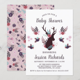 Rustic Hjort Head Mauve Blommigt Girl Baby Shower Inbjudningar