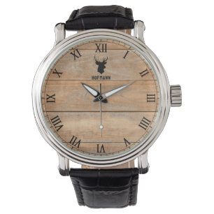 Rustic Hjort Head Natural Wood Personlig Namn Armbandsur
