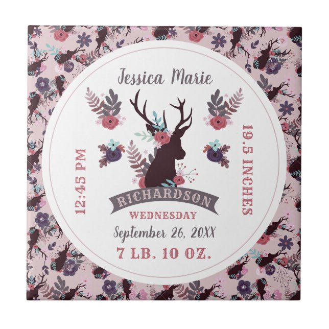 Rustic Hjort Head Nyfödd bebis Girl Birth Record S Kakelplatta (Framsidan)