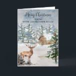 Rustic Hjort Sister och Brother i Julljul Kort<br><div class="desc">God jul för syster och bror i ett juridiskt kort med en snö täckt stuga i skogen och en omtänksam vers.</div>