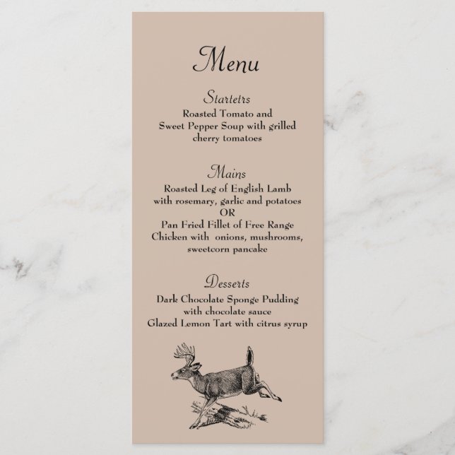 Rustic Hjort Woodland Bröllop Dinner Menu Meny (Framsida)