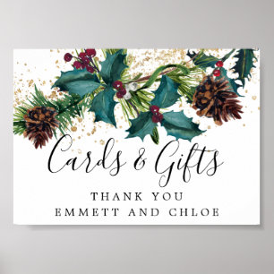 Rustic Holly Berries Bröllopskort och Gifts Sign Poster