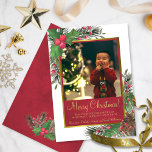 Rustic Holly & Gräs med Photo God jul Julkort<br><div class="desc">Dessa vackra helgdagskort är perfektens sätt att önska era vänner och familj ett God jul. De har en rustik och festlig design med en marmorerad skriven röd bakgrund och ditt foto i en gyllene faux foil ram omgiven av handmålade sprit av löv, bär och gräs grenar. Titeln är skriven i...</div>