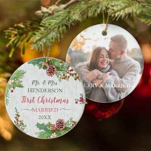 Rustic Holly Gräs Newlyweds 2-sidig Anpassningsbar Julgransprydnad Keramik