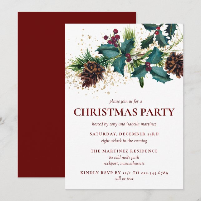 Rustic Holly och Berries Botaniska julen Party Inbjudningar (Fram/baksida)