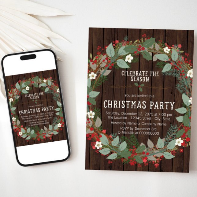 Rustic Holly Party Inbjudningar (Rustic Christmas party invitation with wreath on wood. Available for instant download and print.)