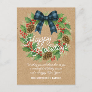 Rustic Holly WandeBlue Black Checkged Bow Helg Vykort