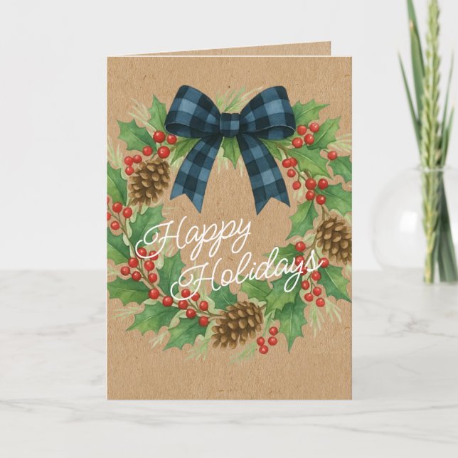 Rustic Holly WandeBlue Black Checkged Bow Helgkort (Framsida)
