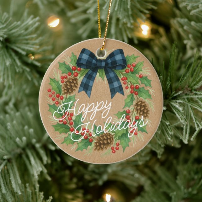 Rustic Holly WandeBlue Black Checkged Bow Julgransprydnad Keramik (Träd)