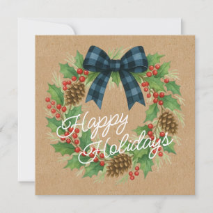 Rustic Holly WandeBlue Black Checkged Bow Julkort