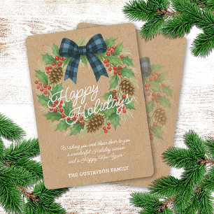 Rustic Holly WandeBlue Black Checkged Bow Julkort