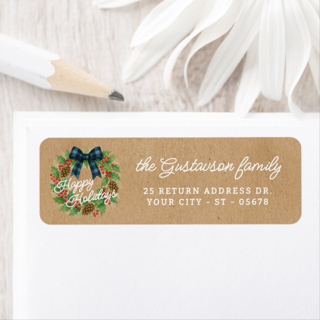Rustic Holly WandeBlue Black Checkged Bow Returadress Etikett (Insitu)