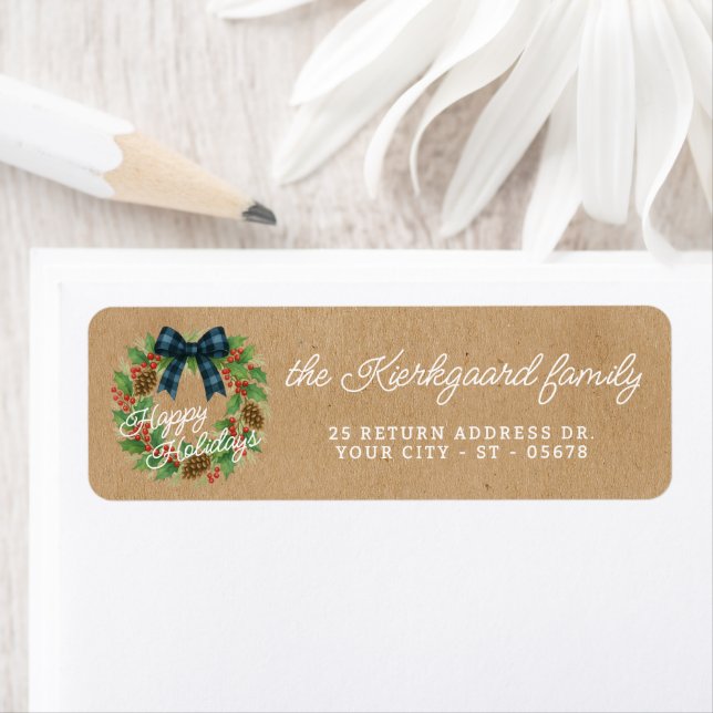 Rustic Holly WandeBlue Black Checkged Bow Returadress Etikett (Insitu)