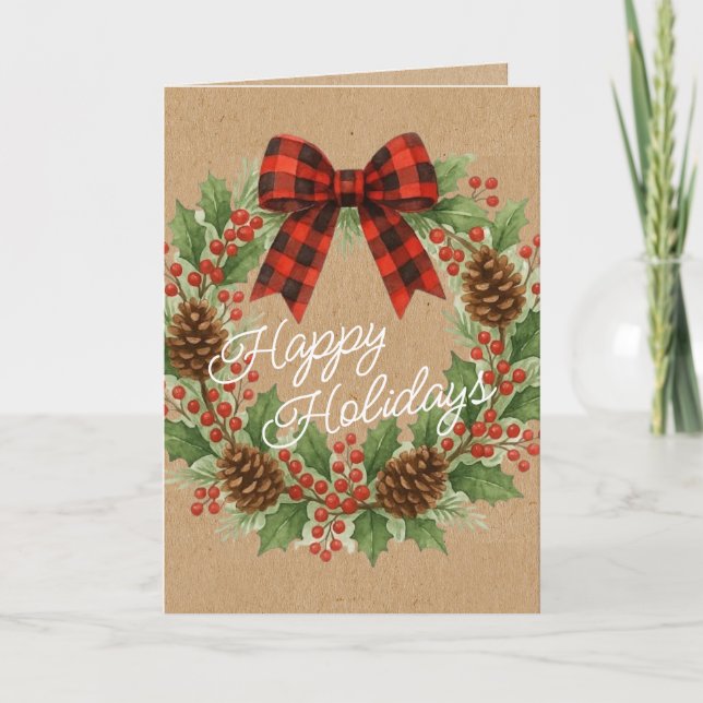 Rustic Holly WandeRed Black Checked Bow Helgkort (Framsida)