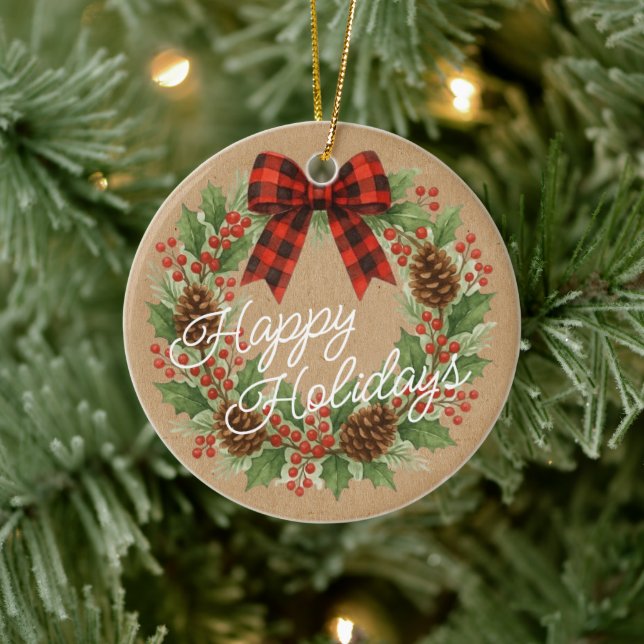 Rustic Holly WandeRed Black Checked Bow Julgransprydnad Keramik (Träd)