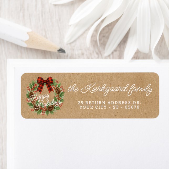 Rustic Holly WandeRed Black Checked Bow Returadress Etikett (Insitu)