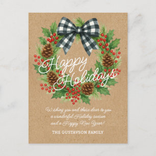 Rustic Holly WandeWhite Black Checked Bow Helg Vykort