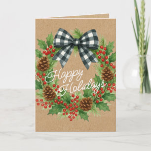 Rustic Holly WandeWhite Black Checked Bow Helgkort