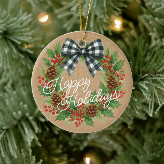 Rustic Holly WandeWhite Black Checked Bow Julgransprydnad Keramik (Träd)