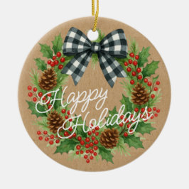 Rustic Holly WandeWhite Black Checked Bow Julgransprydnad Keramik