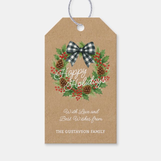 Rustic Holly WandeWhite Black Checked Bow Presentetikett (Framsidan)