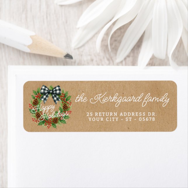 Rustic Holly WandeWhite Black Checked Bow Returadress Etikett (Insitu)