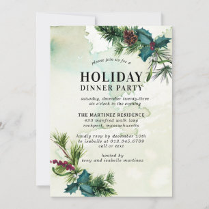 Rustic Holly Watercolor Helgdag Middag Party Inbjudningar