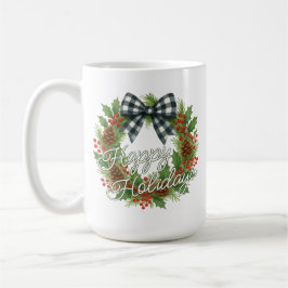 Rustic Holly Wreath White Black Checkered Bow Kaffemugg