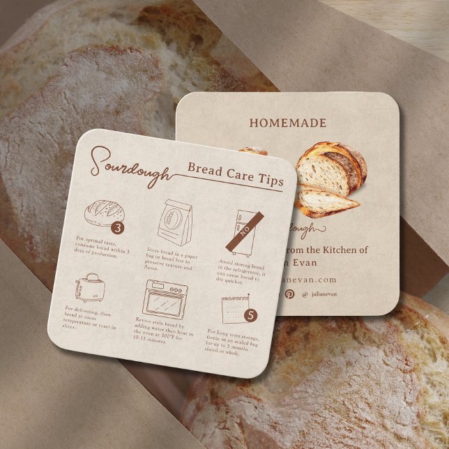 Rustic Homemade Sourdough Bread Care Instruction Fyrkantigt Visitkort (Rustic Homemade Sourdough Bread Care Instruction Square Business Card)
