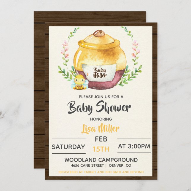 Rustic Honung Pot & Bee Baby Shower Inbjudningar (Fram/baksida)