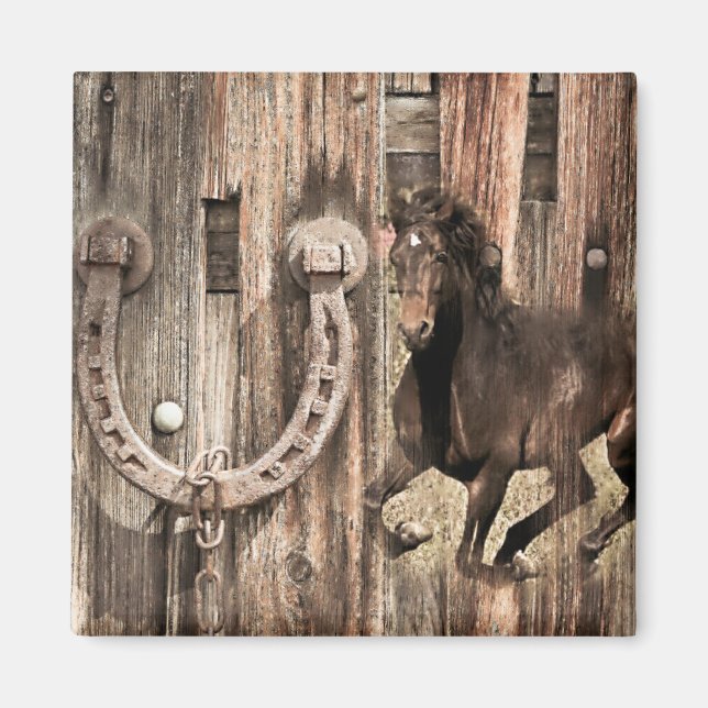 Rustic Horse Horseshoe på Barn Wood Magnet (Framsidan)