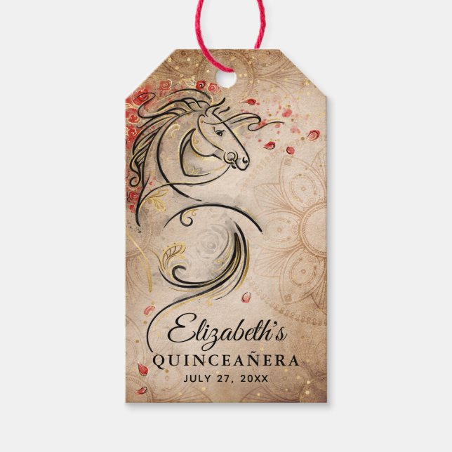 Rustic Horse Red Guld Quinceanera Tack favor Presentetikett (Framsidan)
