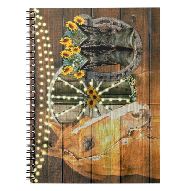 Rustic Horse Sunblommor Wagon Wheel CowboyBoots Anteckningsbok (Framsidan)
