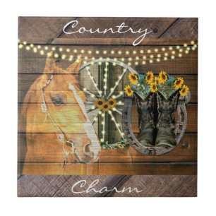 Rustic Horse Sunblommor Wagon Wheel CowboyBoots Kakelplatta
