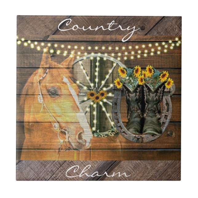 Rustic Horse Sunblommor Wagon Wheel CowboyBoots Kakelplatta (Framsidan)