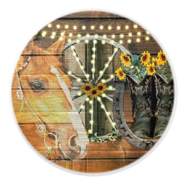 Rustic Horse Sunblommor Wagon Wheel CowboyBoots Knopp (Framsidan)