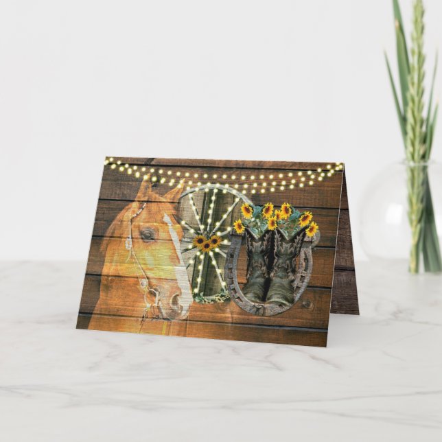 Rustic Horse Sunblommor Wagon Wheel CowboyBoots Kort (Framsida)