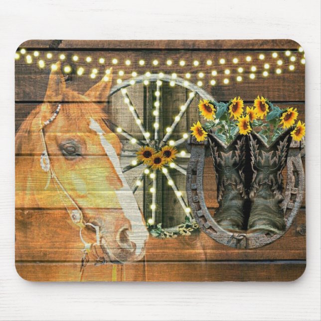 Rustic Horse Sunblommor Wagon Wheel CowboyBoots Musmatta (Framsidan)