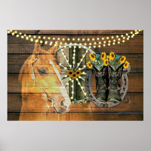 Rustic Horse Sunblommor Wagon Wheel CowboyBoots Poster