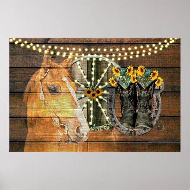 Rustic Horse Sunblommor Wagon Wheel CowboyBoots Poster (Framsidan)
