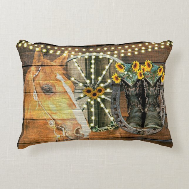 Rustic Horse Sunblommor Wagon Wheel CowboyBoots Prydnadskudde (Framsidan)
