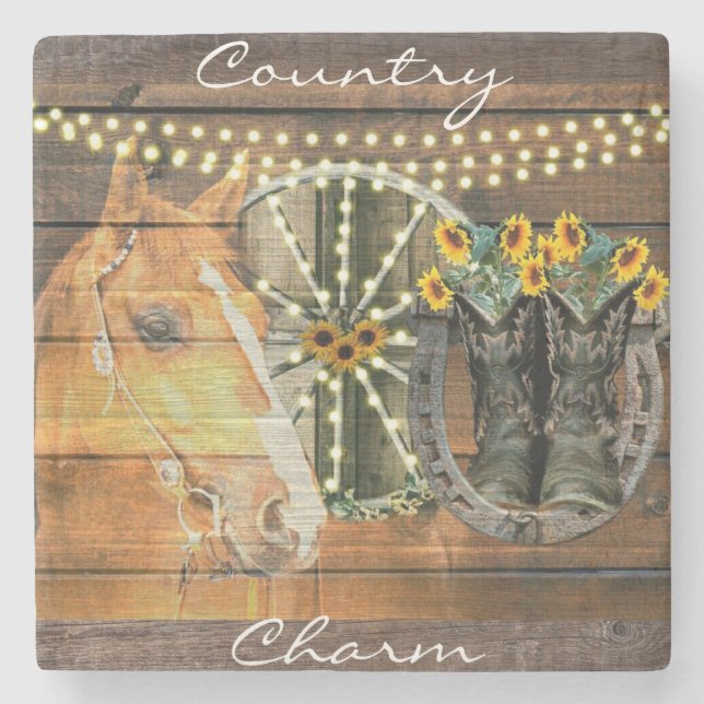 Rustic Horse Sunblommor Wagon Wheel CowboyBoots Stenunderlägg (Framsidan)