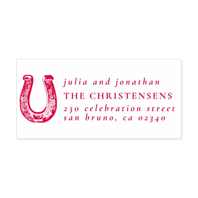 Rustic Horseshoe Bröllop Namn & Returadress Självfärgande Stämpel (Design)