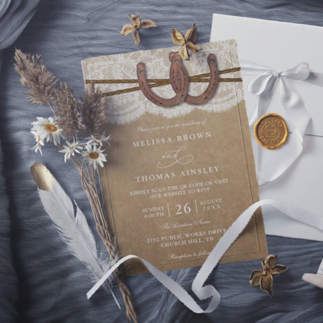 Rustic Horseshoe On Kraft & Lace QR Code Wedding Inbjudningar (Skapare uppladdad)