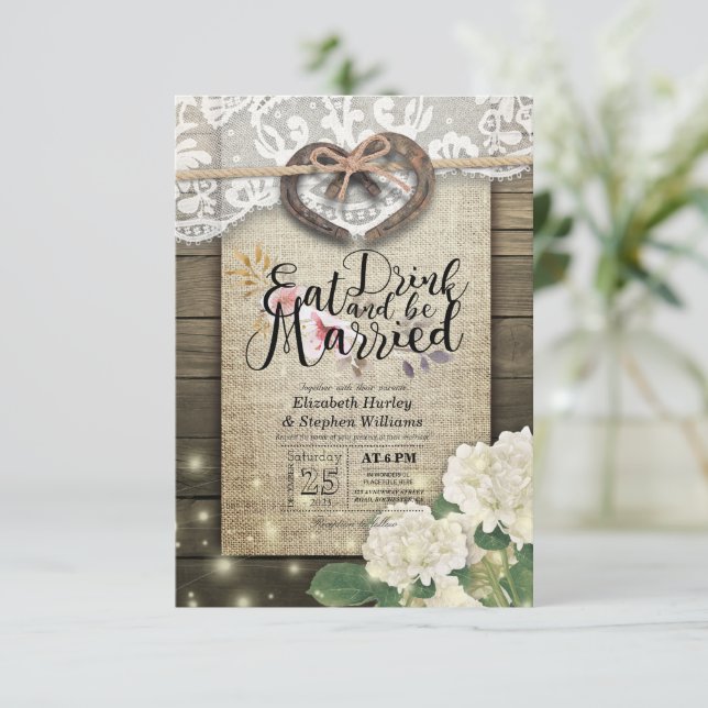 Rustic Horseshoe Snöre EAT Drink ska vara gift Brö Inbjudningar (Stående Fram)