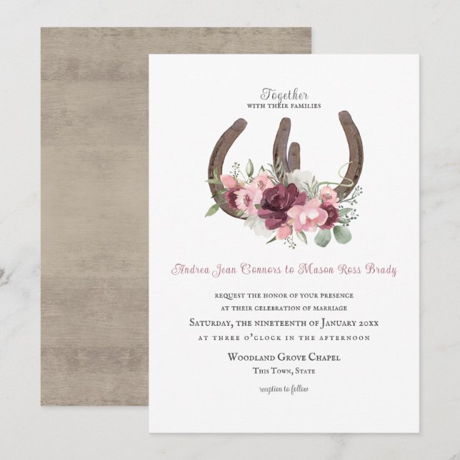 Rustic Horseshoes and Flowers Burgundy Rosa Invita Inbjudningar (Fram/baksida)
