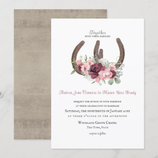 Rustic Horseshoes and Flowers Burgundy Rosa Invita Inbjudningar