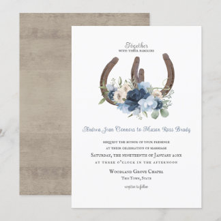 Rustic Horseshoes and Flowers Dusty Blue Inbjudningar