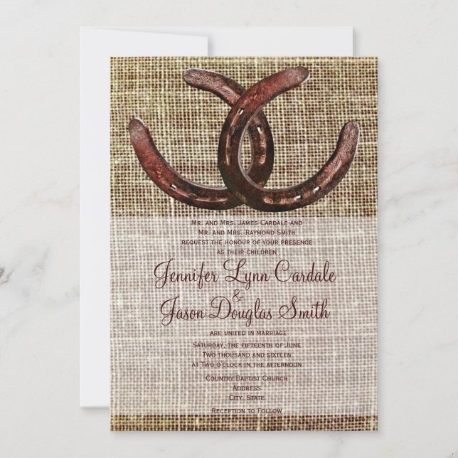Rustic Horseshoes Burlap Skriv ut bröllopsinbjudni Inbjudningar (Framsida)